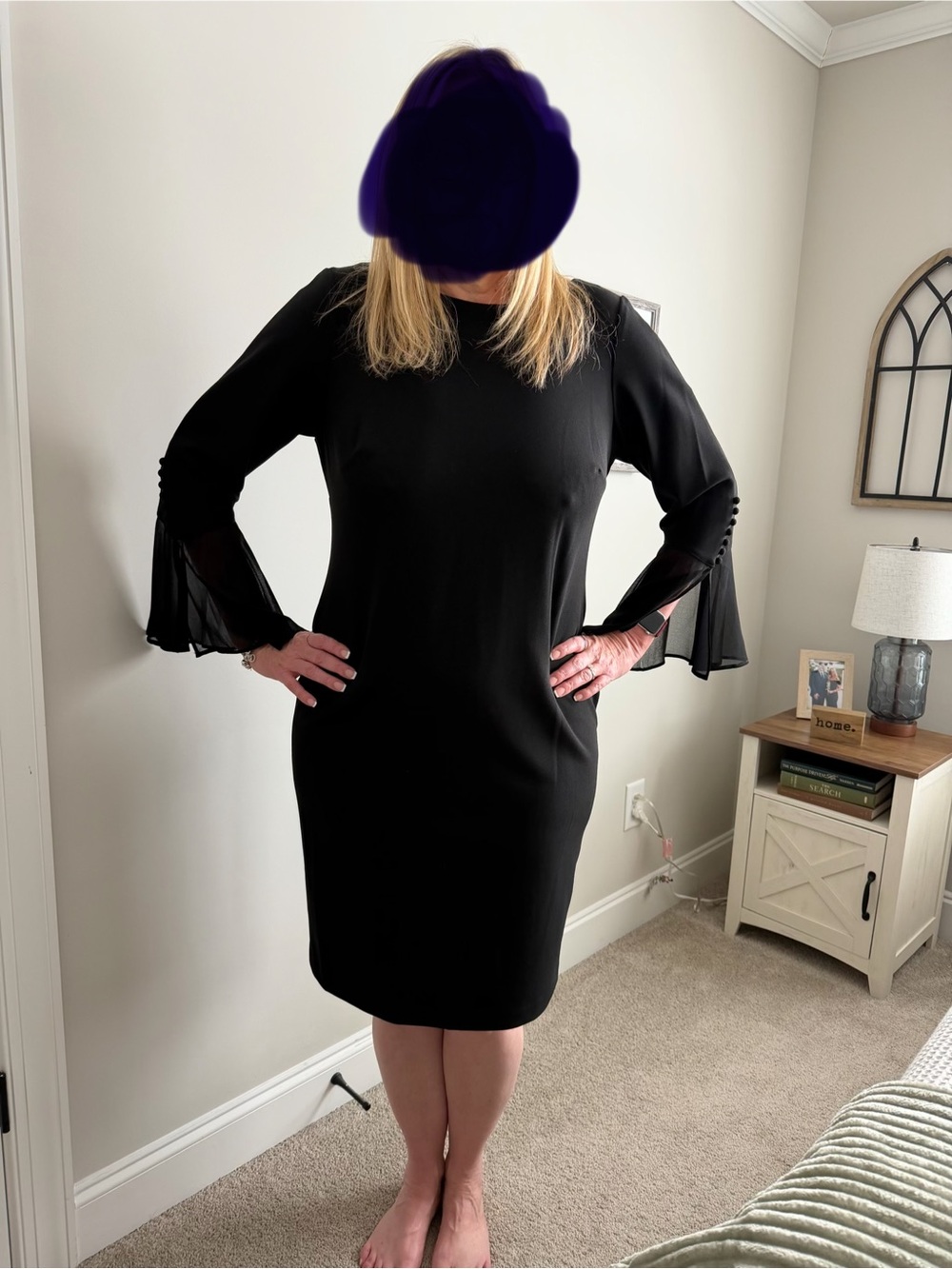 Calvin Klein Black Long Sleeve Sheath Dress with Fluted Chiffon Cuffs